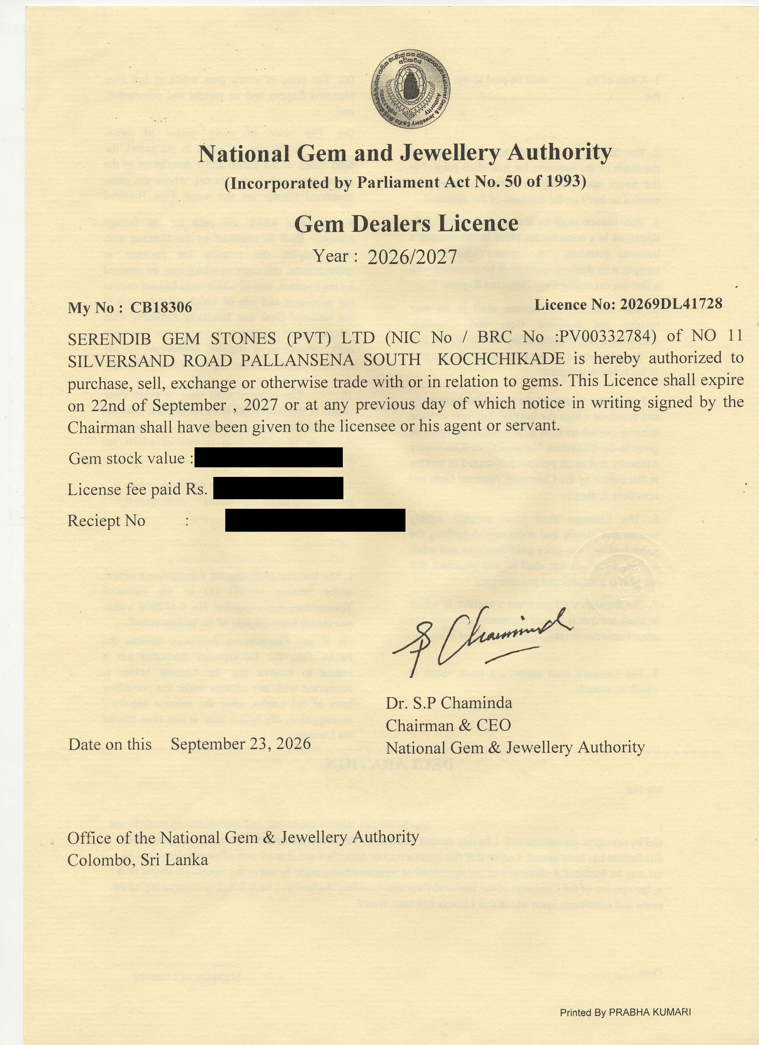 Serendib Gemstones NGJA Registration Certificate