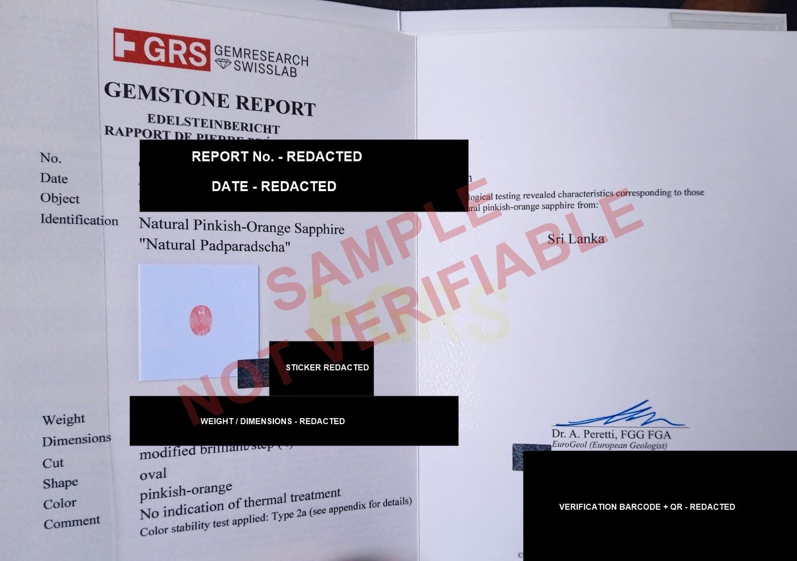 Redacted example of a GRS gemstone report for a natural Ceylon padparadscha sapphire
